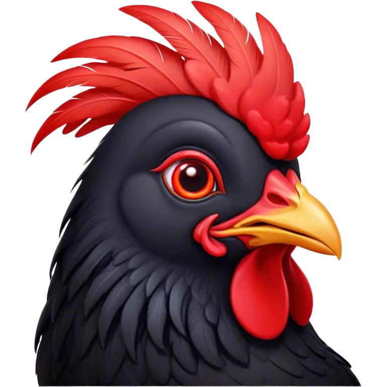 Cinematic Cute Black Chicken Portrait Emoji, Head tilted playfully and inquisitively, featuring sleek, lustrous black feathers and a vibrant red comb, round, sparkling beady eyes filled with curiosity, Simplified yet irresistibly adorable features, highly detailed, glowing with a warm, friendly glow, high shine, affectionate and lively, stylized with a touch of whimsical charm, bright and endearing, soft glowing outline, capturing the essence of a mischievous yet loving chicken, so playful it feels like it could peck out of the screen and into your arms! emoji