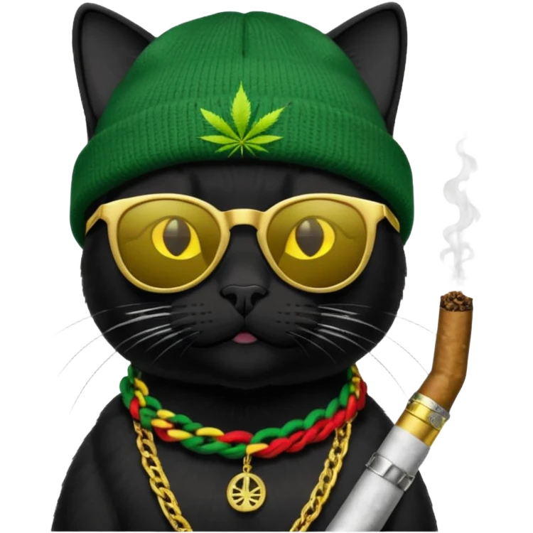 A black cat wearing the deal with it shades and a rasta beanie and smoking a joint and wearing a gold chain that says 420 and the words High Time at the top of the image emoji