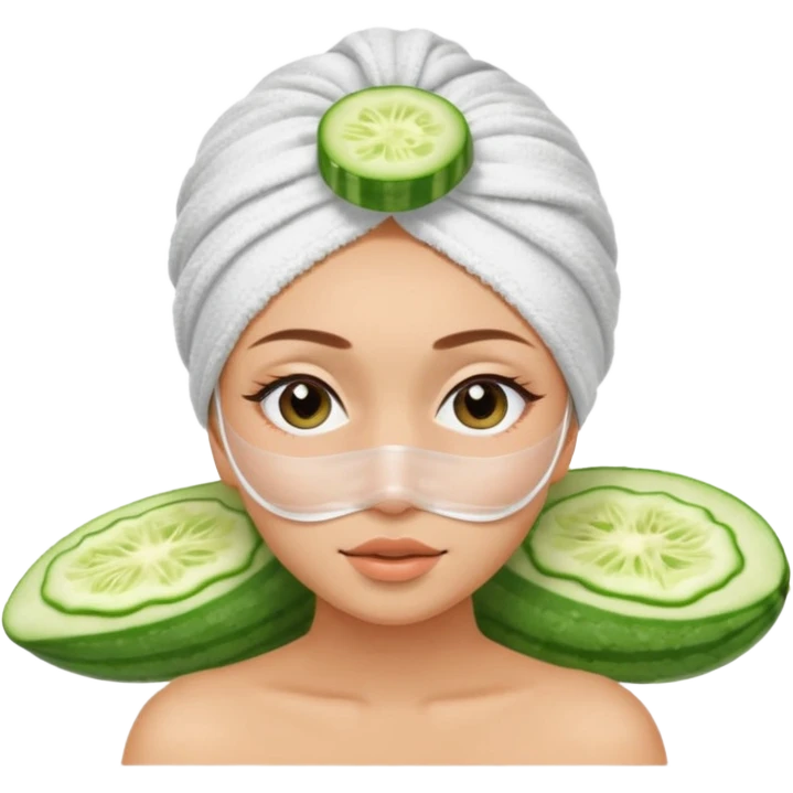 girl with her hair in a towel turban and a faks mask on and cucumber slices over her eyes at a spa emoji