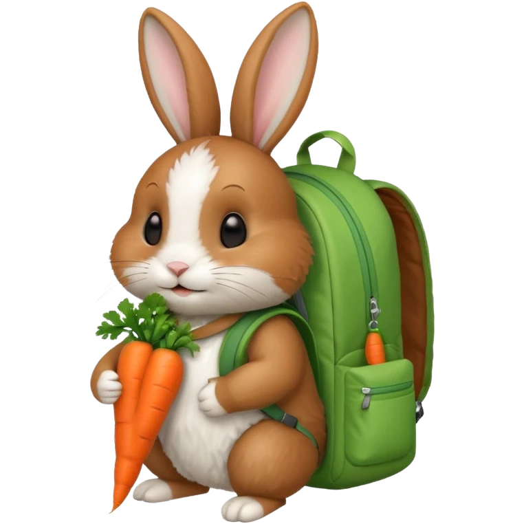 A brown & white, bunny with a green backpack, holding a carrot emoji