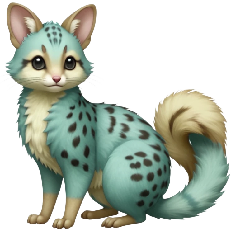 Light-green, soft realistic romantic vintage antique divine beautiful elegant pretty precious cute young youthful  Fakémon-Pokémon-opossum-feline-mouse-serval-caracal-chinchilla-Minccino-Cinccino-Meowstic-rodent-hybrid-creature with a big fluffy bushy tail (full body) emoji