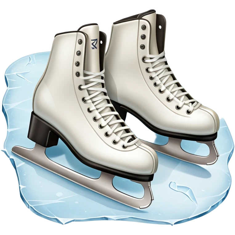 An icon showing a pair of elegant figure skates resting on scratched and scuffed ice, with visible marks from previous skaters. The background hints at an icy rink, with textured ice and soft lighting adding depth. Transparent background emphasizes the beauty of skating. emoji