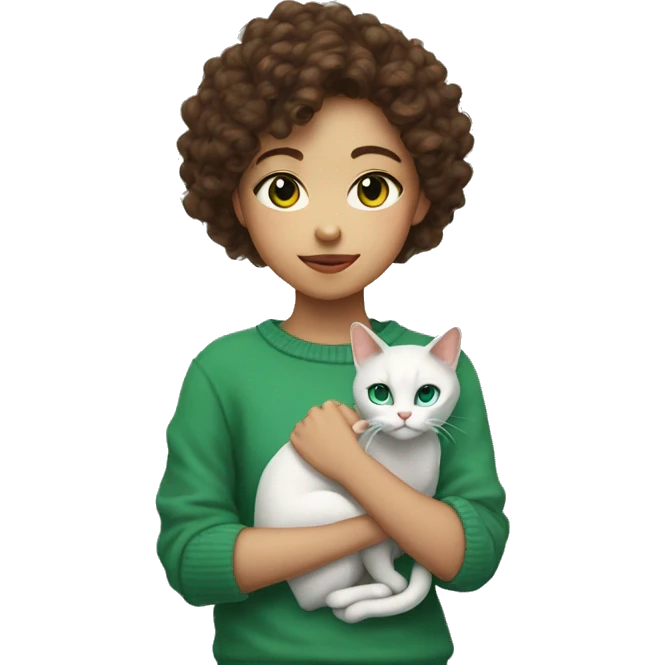 Oriental white with one eye blue one green cat on a hand of girl with brown curly hair, brown eyes in a sweater  emoji