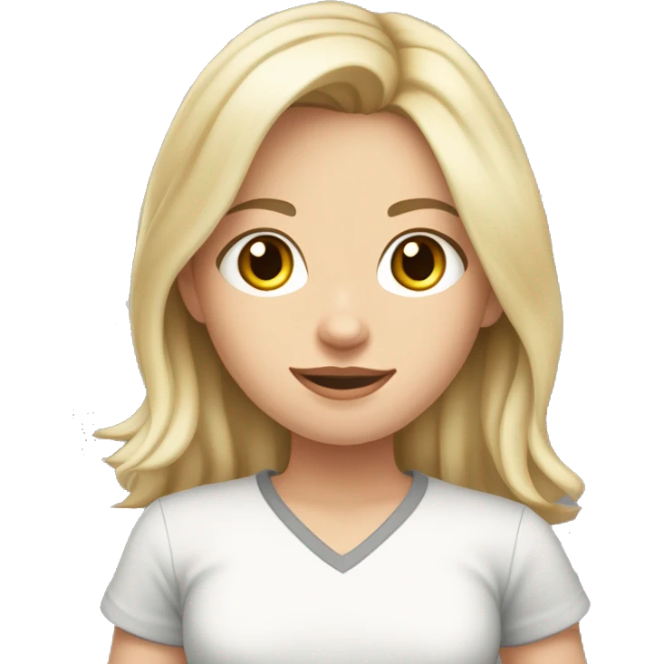 Blonde girl with medium hair length and dark brown eyes white skin wearing a grey shirt with cat pattern pants and medium height  emoji