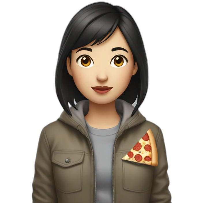 a girl of Asian appearance with short dark hair with a jacket that says: London street, eating pizza  emoji