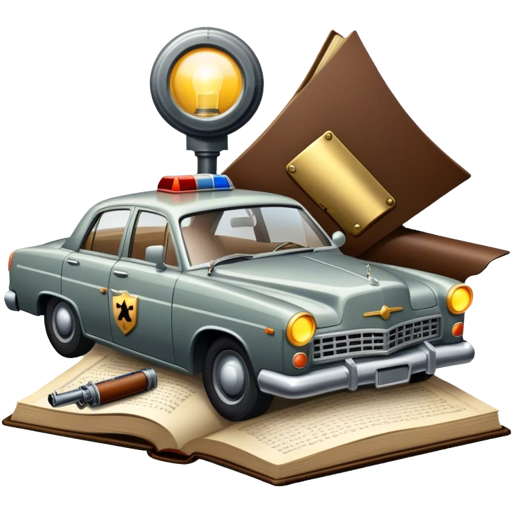 Icon for Action & Crime Reading: an open book with dramatic crime scenes—bullet holes on pages, a detective badge, a revolver and a getaway car. Surrounding elements include a flickering streetlight. Transparent background. emoji