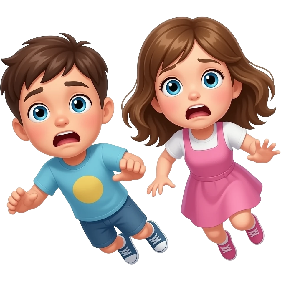 chico y chica caiendo  del cielo asustados, el chico castanyo i con pelo corto y la chica pelo suelto y un poco rubia pero castaño y los dos tienen ojos azules son hermanos emoji