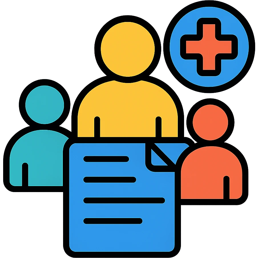 Medical committee with documents and emergency medical cross symbol emoji