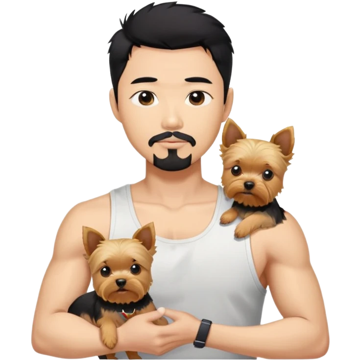 Dark haired Korean Asian handsome man with black pointy hair full goatee and tank top.  Holding a blonde yorkie.  emoji