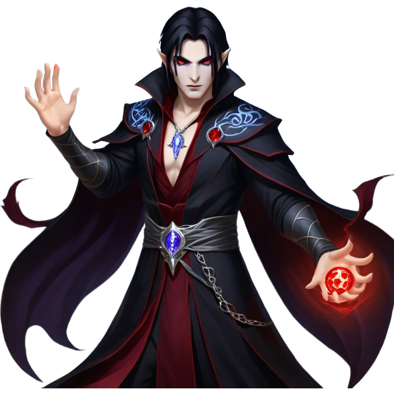 Cinematic Realistic WoW Vampire Mage Portrait, captured in a dynamic, battle-ready pose as he unleashes a torrent of arcane energy. His pallid skin and sleek dark hair contrast sharply with the flowing black robe adorned in silver filigree and glowing runes, while his crimson eyes radiate unyielding power. Rendered with intense, lifelike texture and dynamic, eerie lighting, high shine, embodying the fierce, relentless spirit of a dark sorcerer. emoji