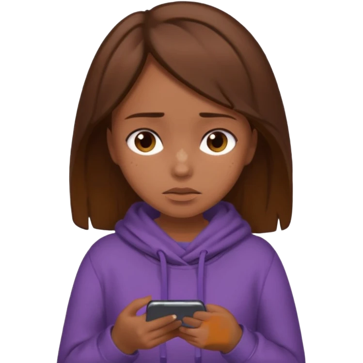 A girl with bronz skin and brown hair wearing cozy clothes and looking so tired because lack of sleep and she is holding her phone emoji