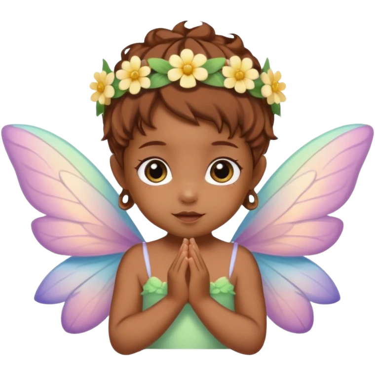 Brown skinned fairy baby with pastel wings and small flower crown emoji