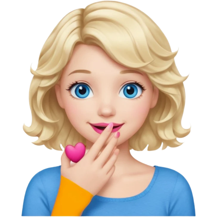 Girl Blonde short wavy hair,  blue eyes, cute blue top, long lashes, pink lips, smiling, hand covering the mouth emoji