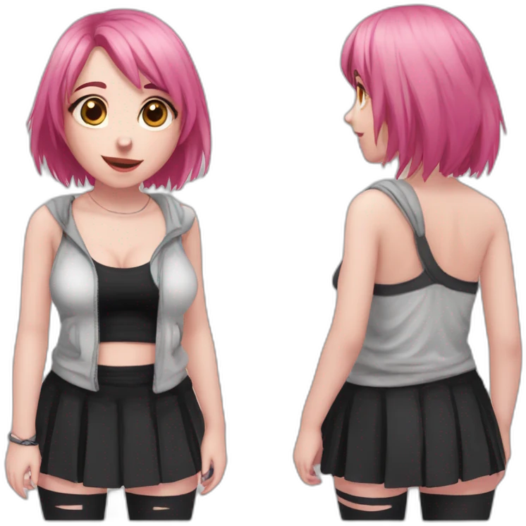 Full body Front view curvy emo girl pink hair sits on the floor straight view hands up black skirt полосатые рваные чулки emoji