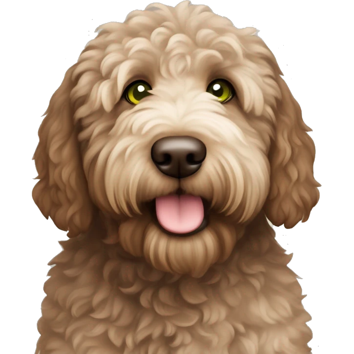Brown chubby labradoodle with white chest and green eyes  emoji