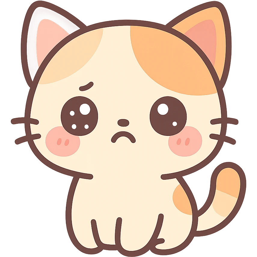 kawaii chibi-style cat emoji with pastel orange and brown cream fur, anime-style pouty expression, sparkly eyes, blushing cheeks, pastel color palette, soft rounded design, vector art emoji