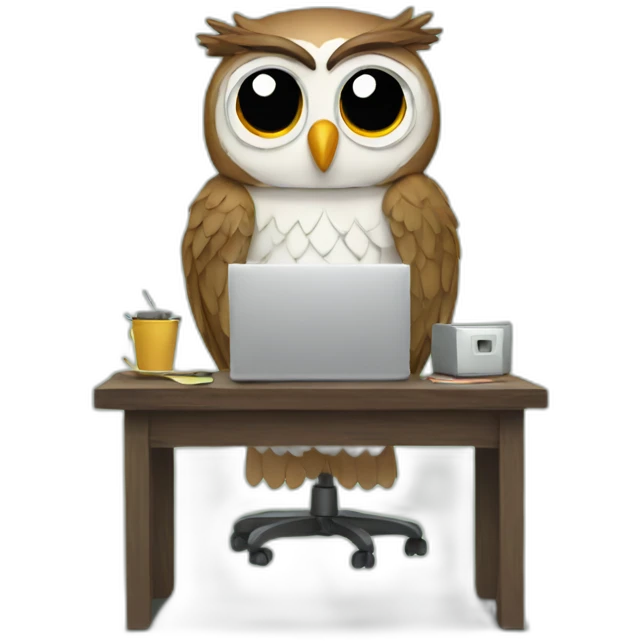 Sad tired owl is working on computer emoji