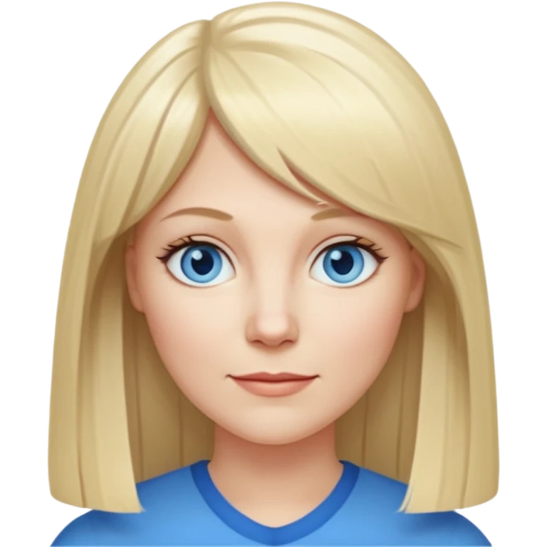 40 yr old white woman, pale skin, long straight blond hair parted in center, blue eyes, bangs emoji