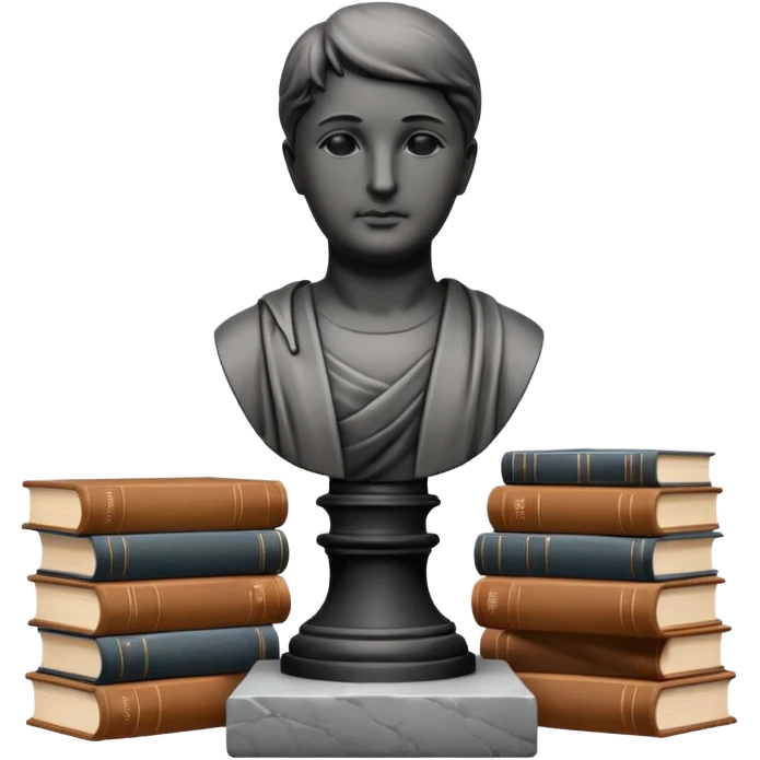 Minimalistic flat vector icon, iOS style, thin black contour on white background. Bust statue on a small pedestal next to a stack of books, symbolizing classic literature. Clean, no text, no shadows emoji