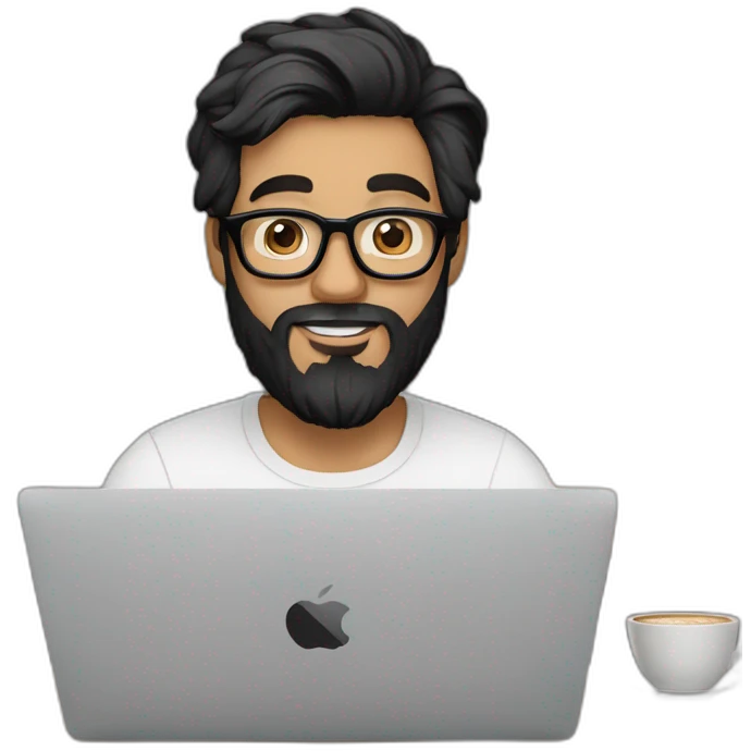 Designer with black hair, beard and glasses working with MacBook and drinking cappuccino  emoji