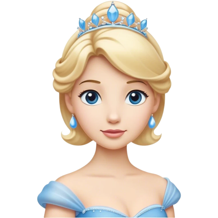 Cinematic Elegant Cinderella Portrait Emoji, rendered in a flat, vector-style with minimal shading and bold, simplified shapes. Depict Cinderella in her classic ball gown (chest and above) with fair, porcelain skin and elegantly styled blonde hair, her eyes soft and kind, and her expression serene and graceful. The design glows with a gentle, enchanting radiance and high shine, capturing the timeless beauty of a fairy tale princess. emoji