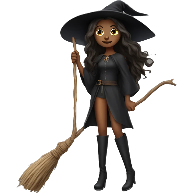 witch on a broom dark long hair white skin emoji