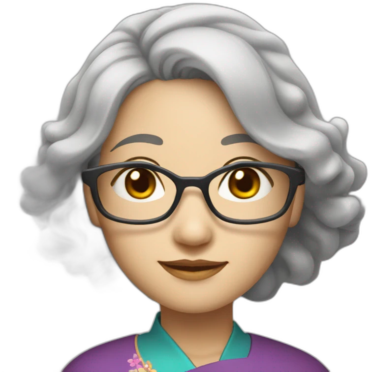 Chinese lady with lightly wavy grey hair to the shoulder lens wear glasses with Chinese dress emoji