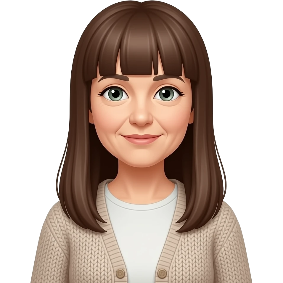 older woman with long straight brown hair and bangs, small grey-green eyes, wearing a cardigan emoji