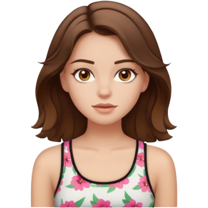 emoji of a girl with brown hair, straight and wavy, hazel eyes, wearing a baddie summer top, pale skin emoji