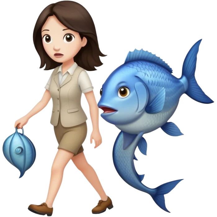 Confused Brunette Woman walking with huge fish emoji