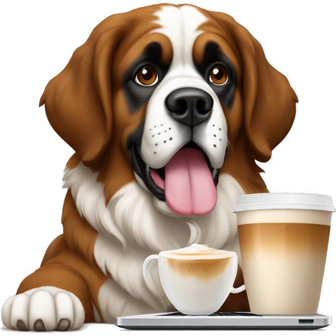 A Saint Bernard with a chai latte working on a laptop emoji