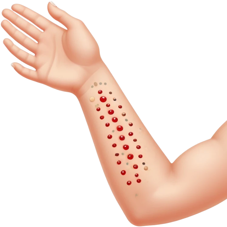 Allergy skin prick test on forearm with small red bumps showing reactions to different allergens emoji