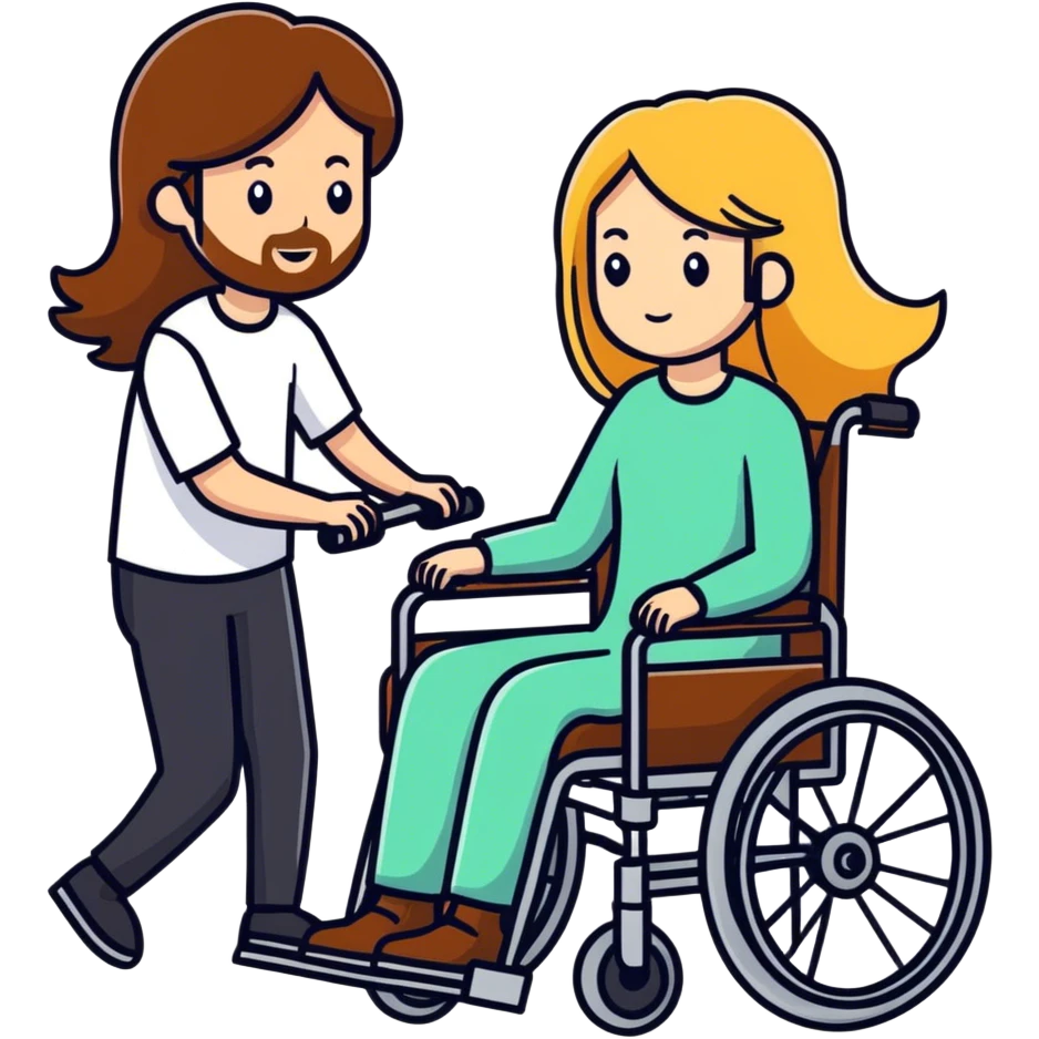 Single 5th Brown haired man with a beard in a wheel chair with long blonde haired mom pushing emoji
