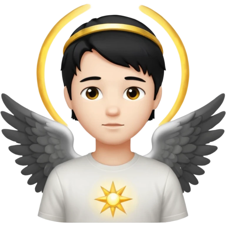 angelic boy with black hair, white t-shirt, glowing halo emoji