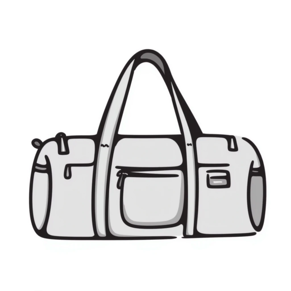 A sports duffel bag with straps and pockets in pastel colors (dd9fb0, ffc6d3, a3bfc9, c4bee2, f1b091), hand-drawn doodle style emoji