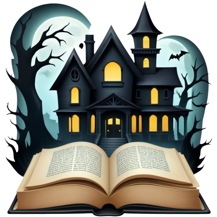 Icon for Horror and Mystery Reading: an open book with eerie, dark pages, a haunted house silhouette, a ghostly figure, and a skull. The icon should capture the suspense, fear, and mystery of horror and supernatural stories. Transparent background. emoji