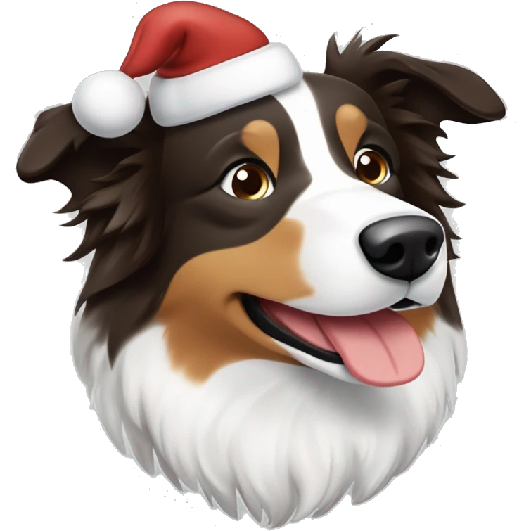 Bordercollie mit braunen und grauen stellen im weißen Gesicht. Spitze Ohren Ohren weis gesicht unterer Teil braun grau. Hat weihnachtsmütze auf  emoji