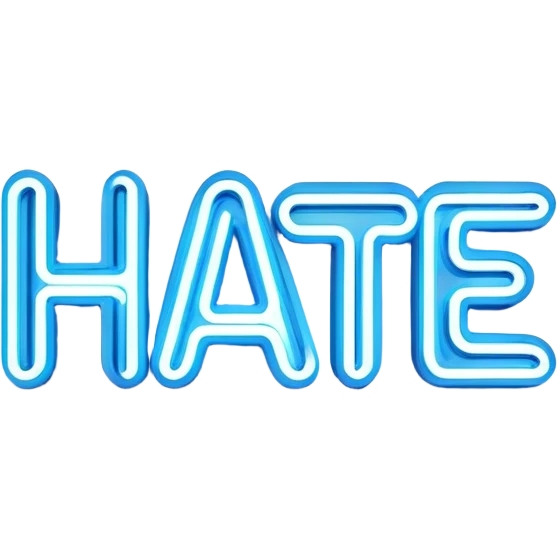 Blue neon sign with the word hate emoji