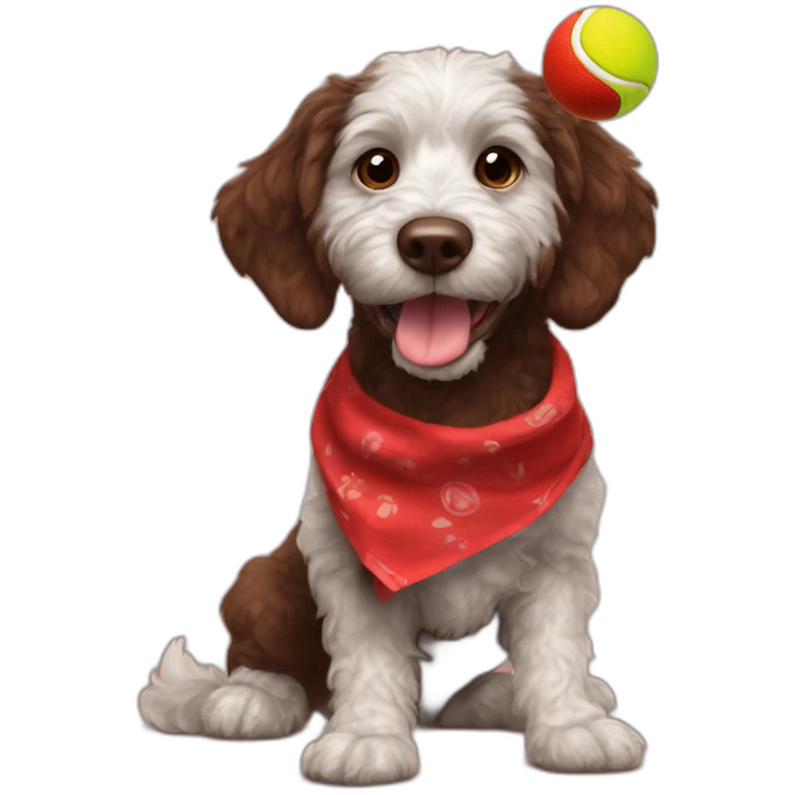 A chocolate colored doodle dog wearing a red and black handkerchief juggling three tennis balls emoji