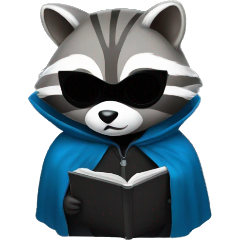 A raccoon with a blue mask over his eyes that doesn't cover the rest of his body, in a black cloak, holding a laptop and writing something on it emoji