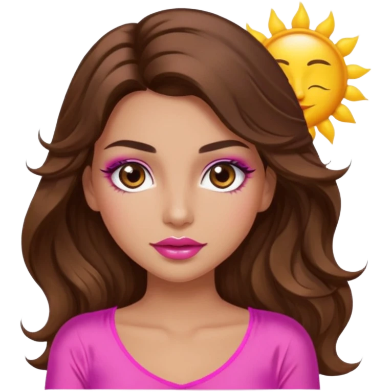 girl with long wavy brown hair, brown eyes, long lashes makeup, sexy pink lips, light to medium complexion, wearing a pink sexy silk top, with the sun icon  emoji