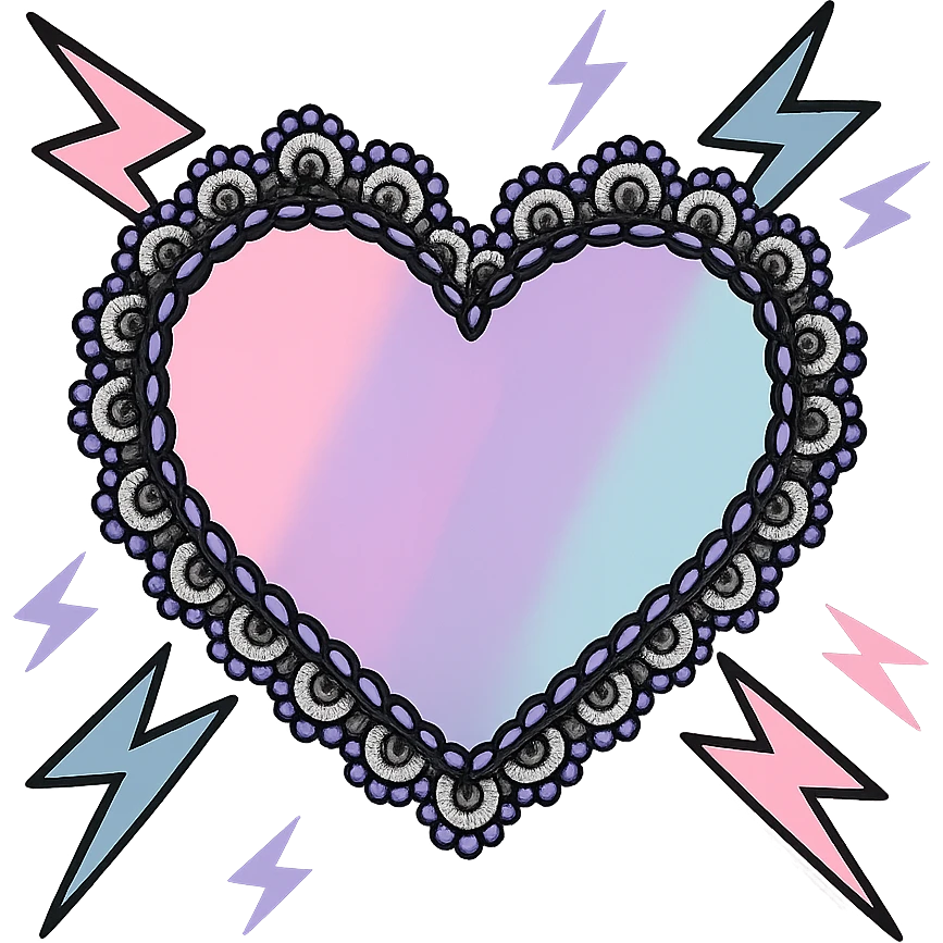 Remove the background, keep the pastel goth heart with pastel lightning and black lace, transparent background. emoji