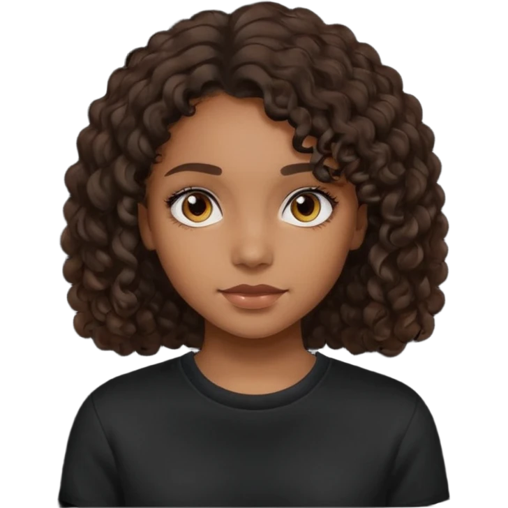 girl with brown skin, dark curly brown hair shoulder length and plain black crewneck t-shirt emoji