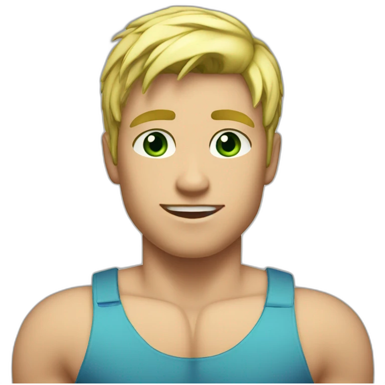 Muscular boy, shirt off, blond hair, green blueish eyes emoji