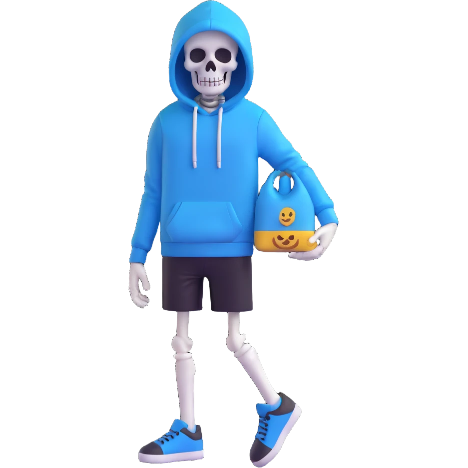 Sans from Undertale, 3D emoji style, blue hoodie, black shorts, white skeleton, simple background emoji