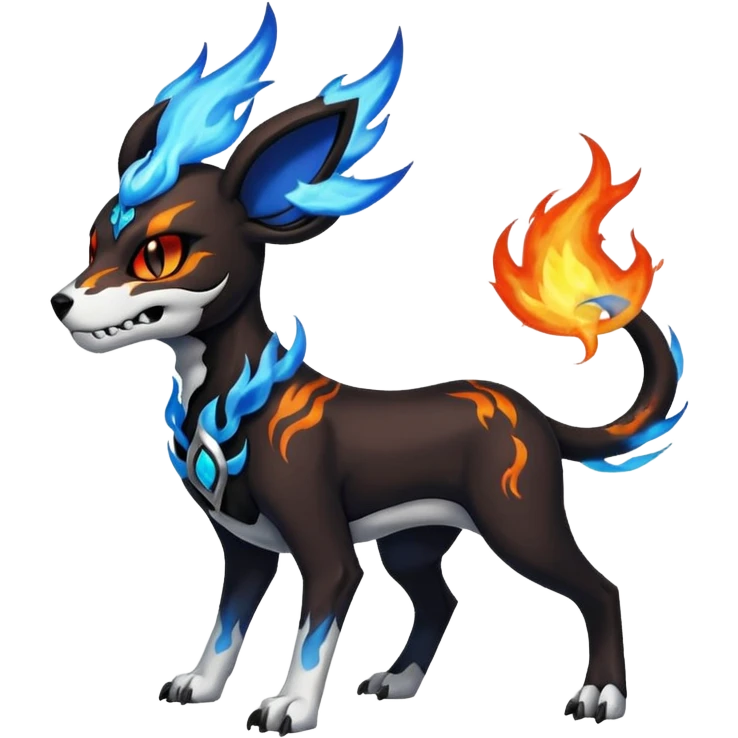 Skull-faced Fiery black and white blue flames solarpunky elemental colorful hot will-o-wispy Houndoom-Torracat-Genesect-Pokémon-Fakémon-hybrid-creature emoji