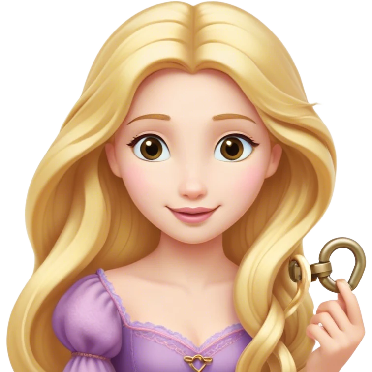 Cinematic Elegant Rapunzel Portrait Emoji, Twirling a lock of her golden hair, dreamy expression, soft pink lips curving into a gentle smile, delicate yet mesmerizing, a princess with a heart full of adventure and beauty! emoji