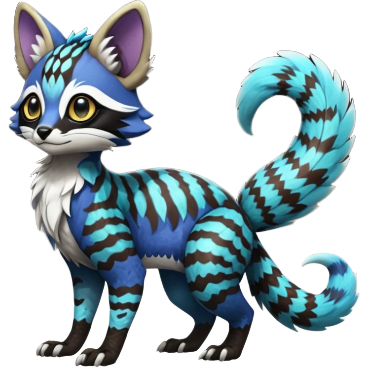 Rare realistic exotic cute epic pretty beautiful handsome gorgeous aesthetic colorful vibrant Vernid-Protogen-Primagen-Wickerbeast-Genet-Trico-species-Fakemon-hybrid-creature by LiLaiRa, beautiful intricate markings, full body emoji
