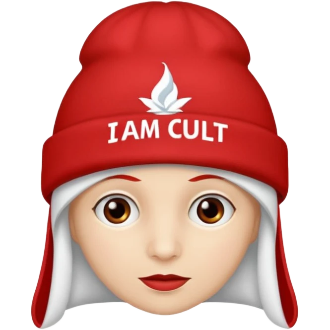 Red hat that says "I AM IN A CULT" in white text emoji