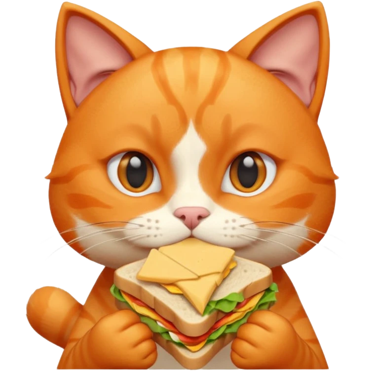 cute orange cat portrait, head and shoulders only, biting a sandwich, funny expression, 3D cartoon, mobile game icon style, clean background, no text, no watermark emoji